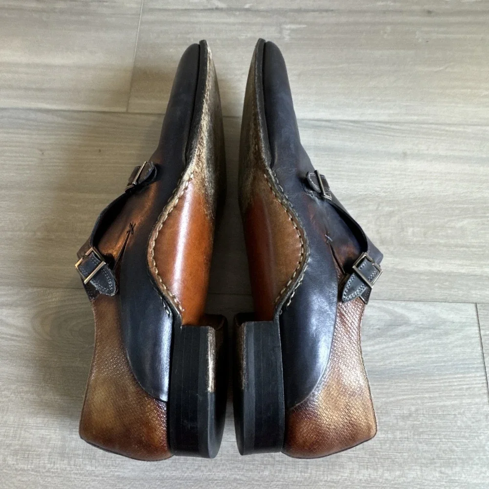 Magnanni Men's Ondara Double-Monk Two-Tone Brown Navy Leather Shoes Sz 12 Spain